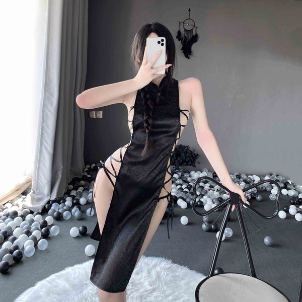 T-2384 Chinese buckle sexy seductive strappy high slit jacquard satin cheongsam nightdress