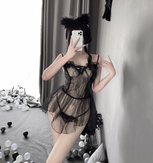 T-9151  Sexy lace sheer bow no-take off slip nightdress