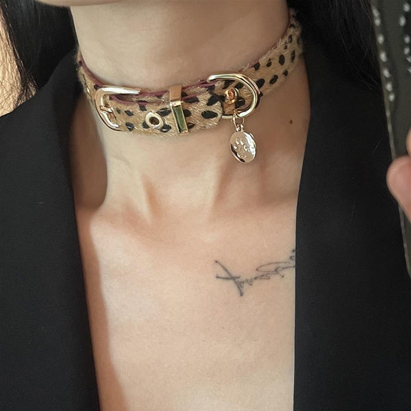 P-1387  Leopard print fluff punk leather collar