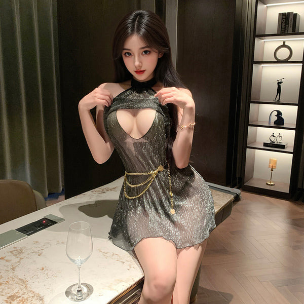 M-ZY135  Sexy Teasing Sheer Nightgown - Starry Galaxy Print, Lift-Up Braless Design & Easy-Access Lingerie Pajamas