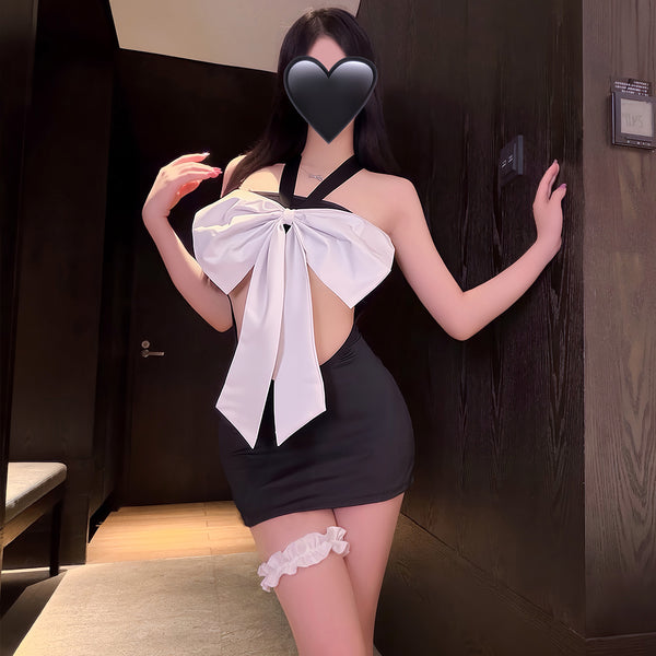 M-ZY83  Sexy Innocent Reversible Bow Set - Teasing, Braless & Bodycon Mini Dress